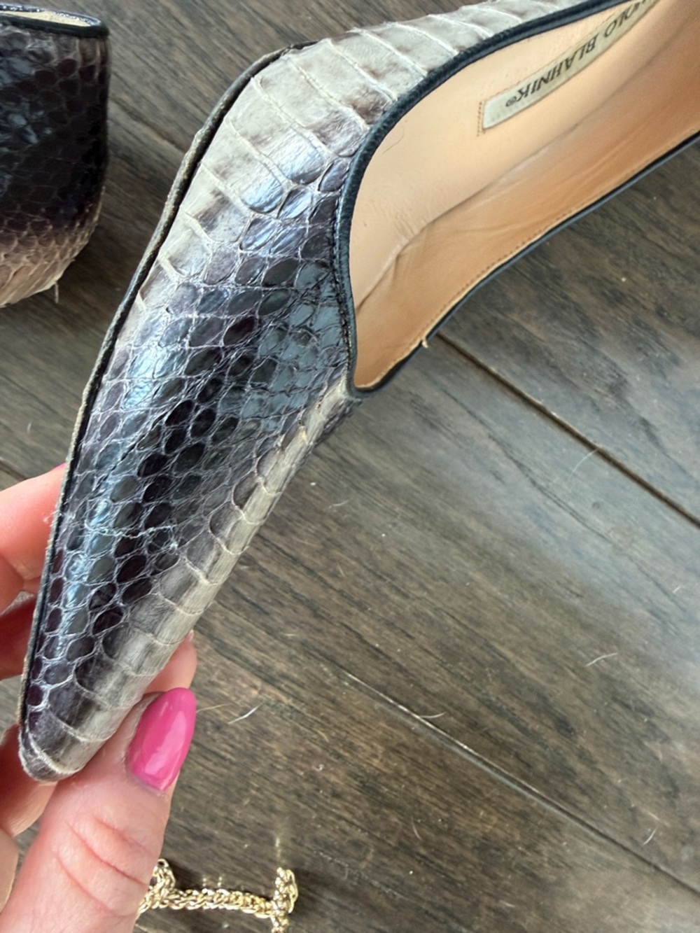 Manolo Blahnik Brown Python-Effect Pointed Toe Kitten Heels - Picture 12 of 13